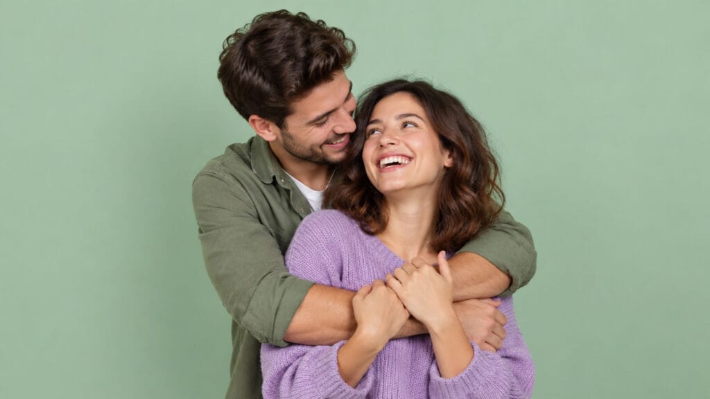 pareja abrazandose mirandose y sonrientes