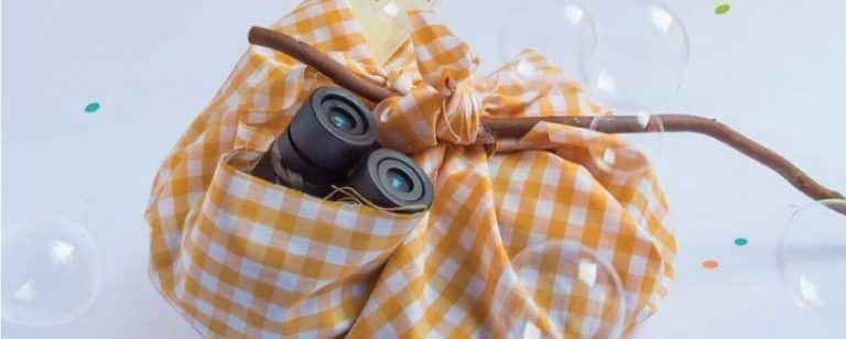 Manual para soñar: Un libro que ayudará a tu hijo a ser la mejor versión de sí mismo 1 Hatillo de cuadros naranjas atado a un palo con prismáticos, entre burbujas, listo para una aventura