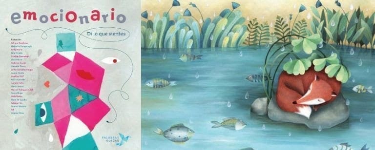 Emocionario: Un libro que apuesta por el bienestar emocional de los niños. 11 Portada del libro Emocionario junto a una ilustración de un zorro dormido resguardado de la lluvia