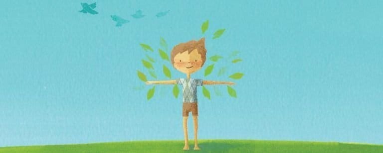 Ilustracion de un nino descalzo con los brazos abiertos sobre una colina, en actitud de calma