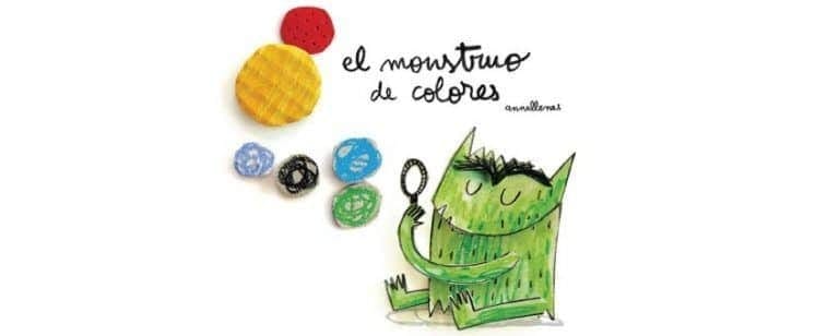 Portada de El monstruo de colores: el monstruo verde con un espejo y manchas separadas por color