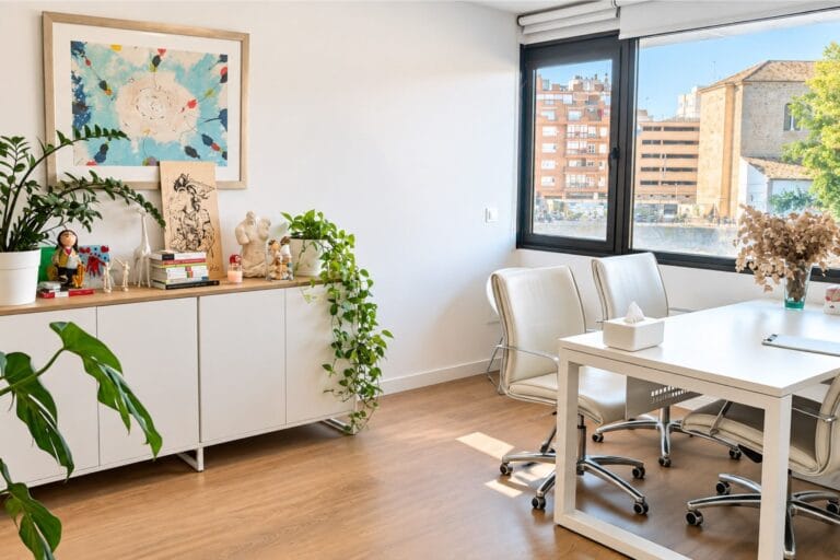 Consulta luminosa de MindUp, con mesa blanca, sillones y un aparador con plantas y libros