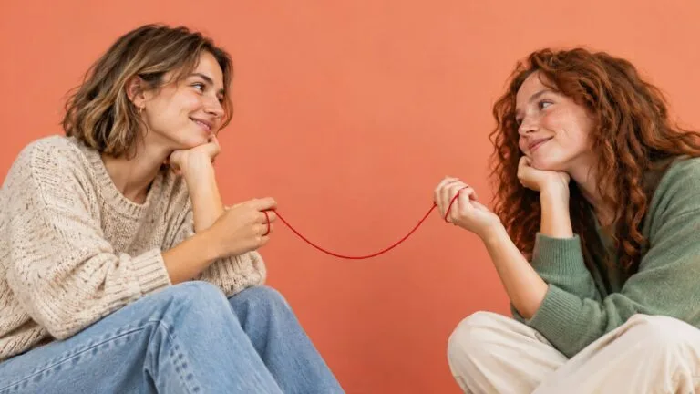 2 mujeres sujetando un hilo rojo que las conecta sobre un fondo salmon